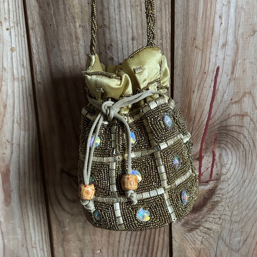 Chic Beaded Drawstring Mini Bag - Gold